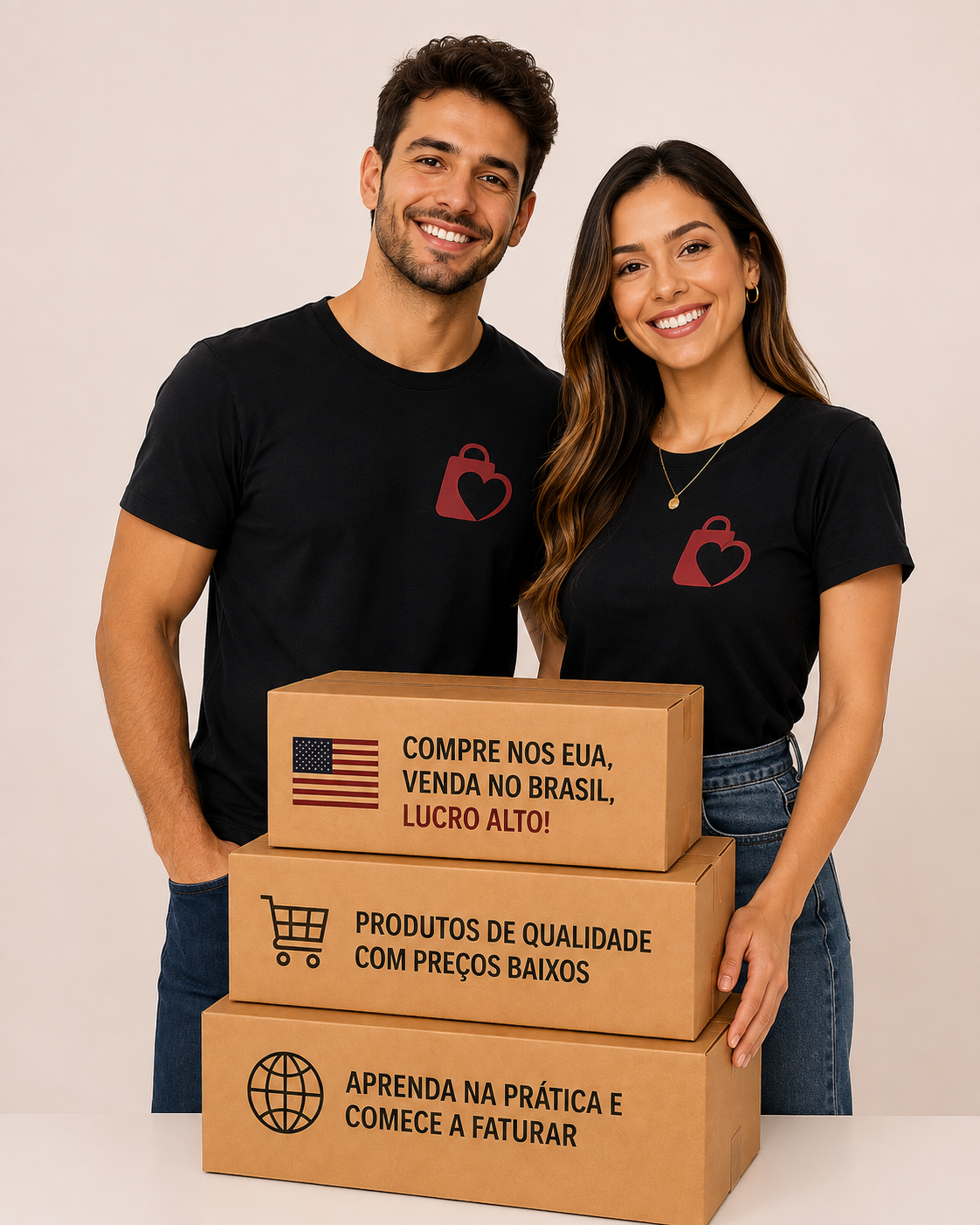 Casal Love Shopper com caixas de produtos importados dos EUA